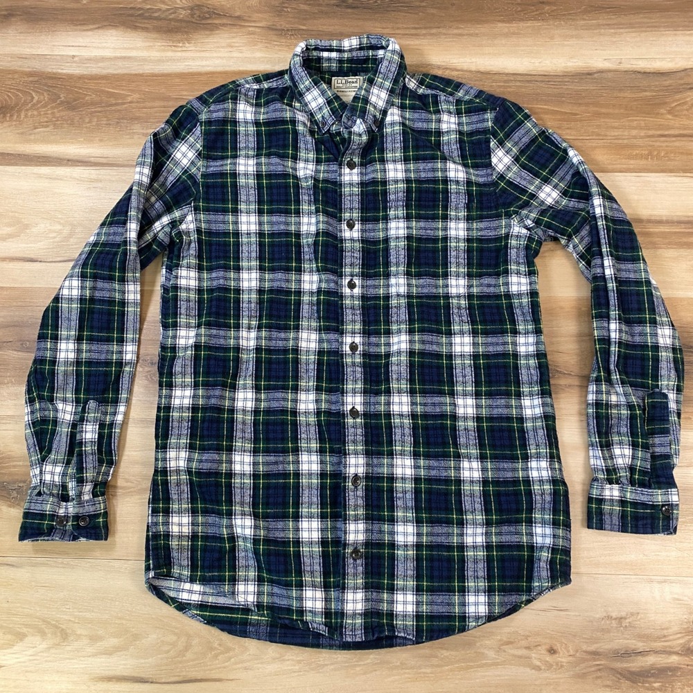 LL Bean Flannel Shirt Mens M-Tall Slightly Fitted Scotch Plaid Blue Green